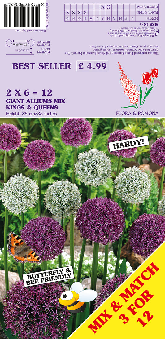 Seed packet for Flora & Pomona 'Flower Power' Giant Alliums Mix, featuring a purple background with illustrations of purple, white, and green alliums, a butterfly, a bee, and a yellow diagonal banner reading 'MIX & MATCH 3 FOR 12'.