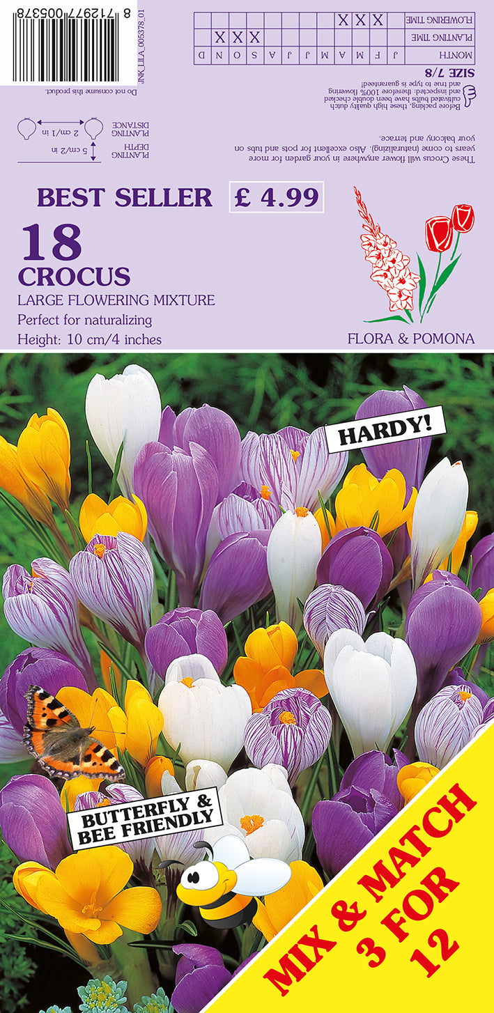 Seed packet for 'Best Seller 18 Crocus' by Flora & Pomona, featuring a colorful illustration of purple, white, and yellow crocuses, a butterfly, and a bee on a lavender background with product details.