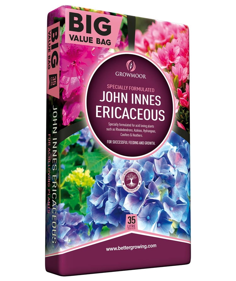 John Innes Ericaceous plant food packaging with colorful flowers on a white background