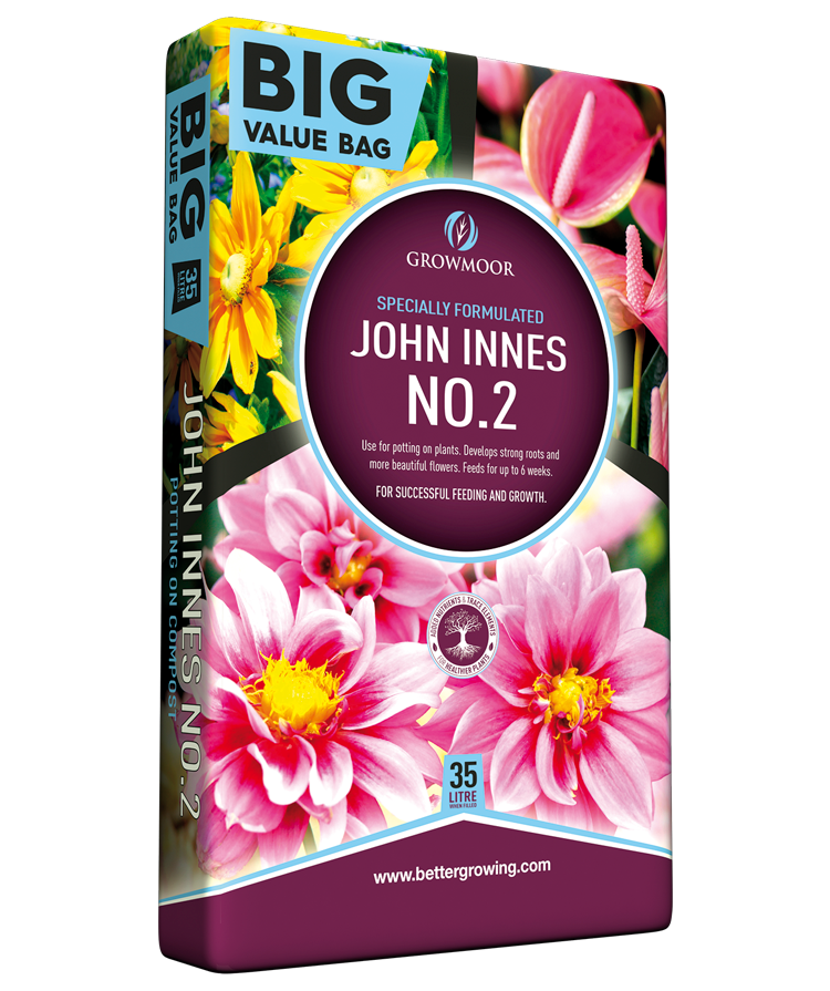 John Innes No. 2 plant food packaging with flowers on a white background
