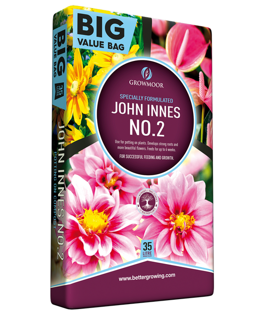 John Innes No. 2 plant food packaging with flowers on a white background