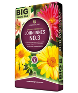 John Innes No. 3 plant food packaging with flowers on a white background