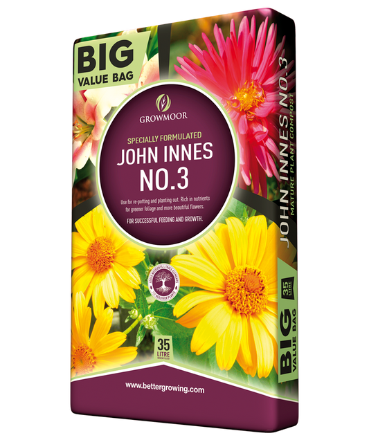 John Innes No. 3 plant food packaging with flowers on a white background
