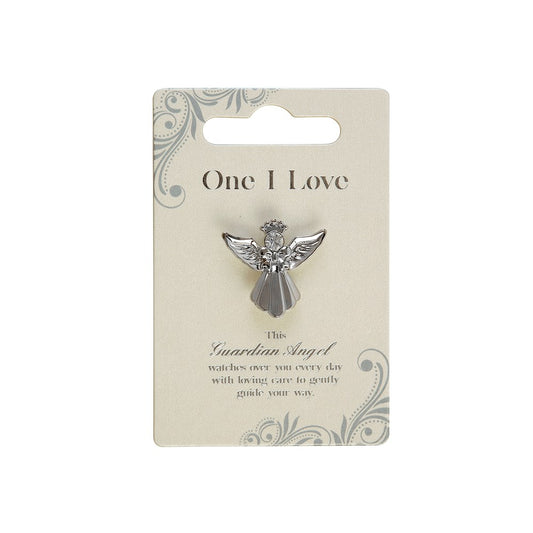 Guardian angel brooch on a 'One I Love' branded card with decorative patterns.