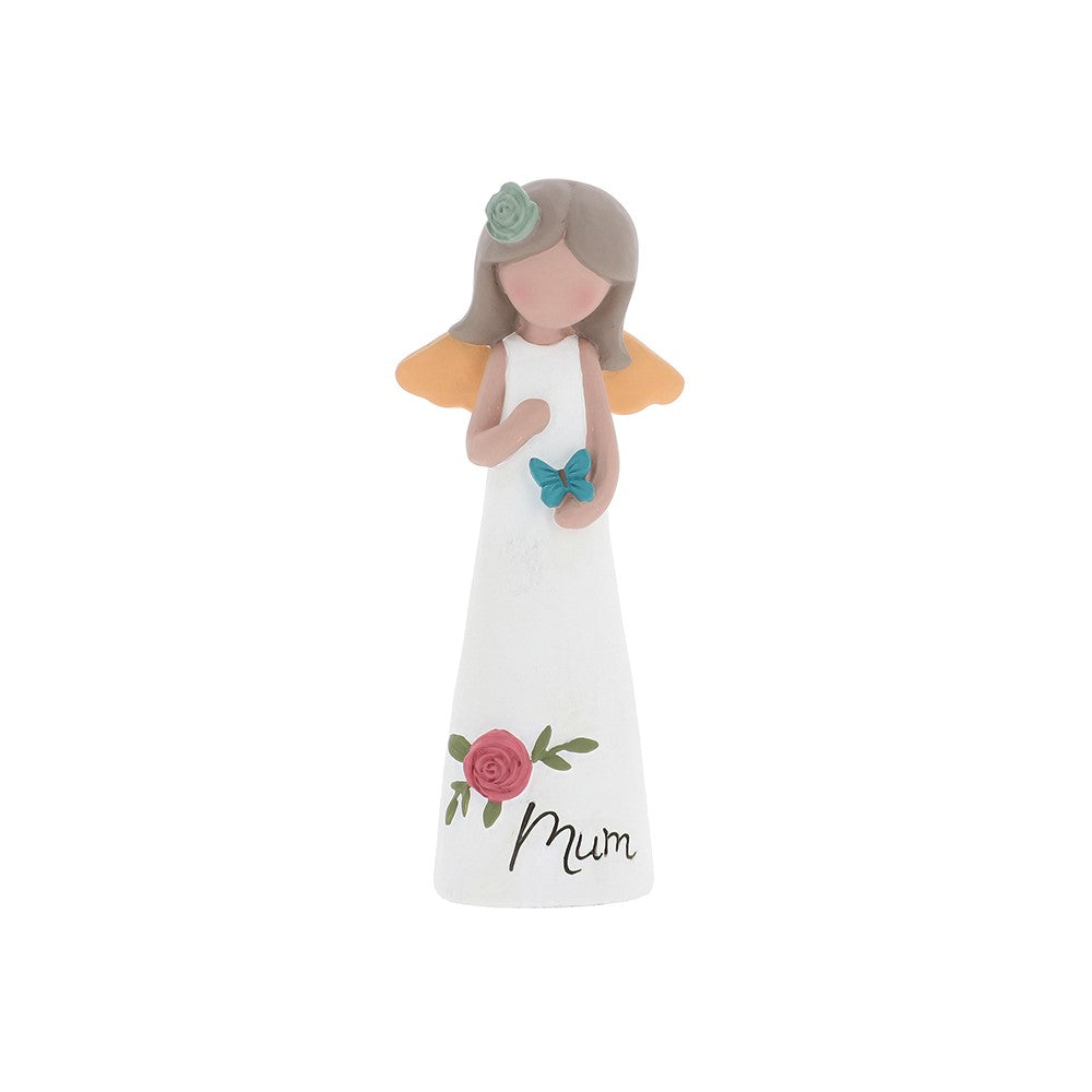 Decorative angel figurine with 'Mum' on a white background