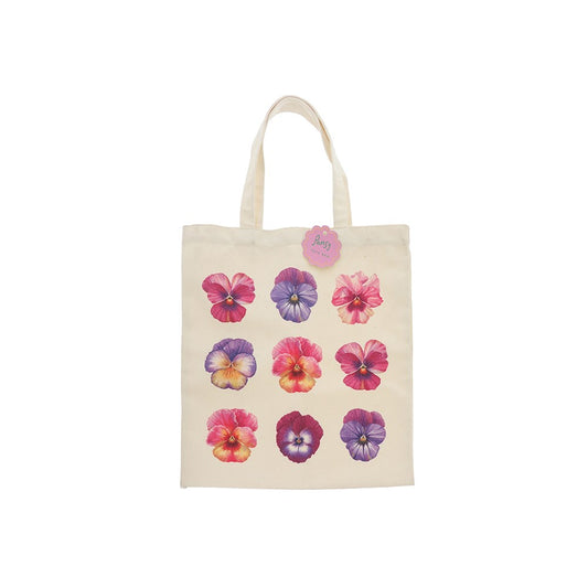 Tote bag with colorful floral pattern on a white background