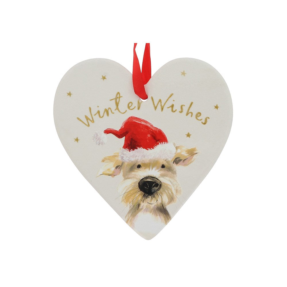 Heart-shaped ornament with a dog wearing a Santa hat and 'Winter Wishes' text on a white background.
