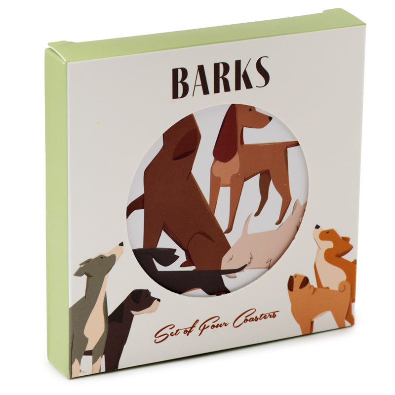 Box of 'Barks' coasters with illustrations of dogs on a white background