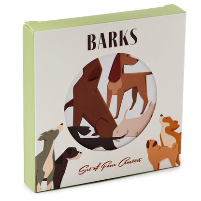 Box of 'Barks' coasters with illustrations of dogs on a white background