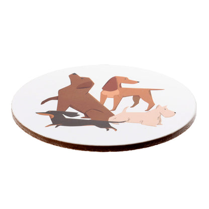 Round coaster with illustrations of four dachshunds on a white background