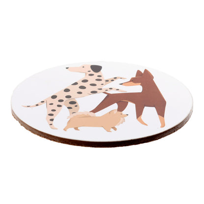 Round coaster with illustrations of dogs on a white background