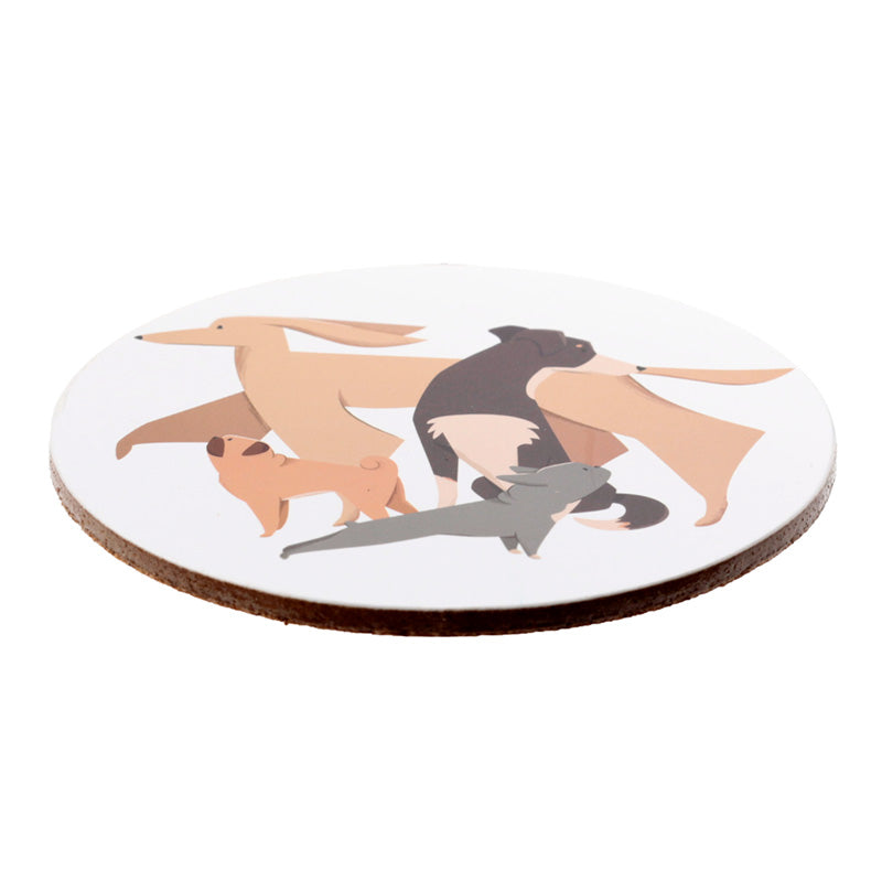 Round coaster with illustrations of dogs on a white background