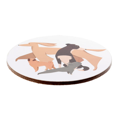 Round coaster with illustrations of dogs on a white background