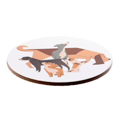 Round coaster with illustrations of dogs on a white background