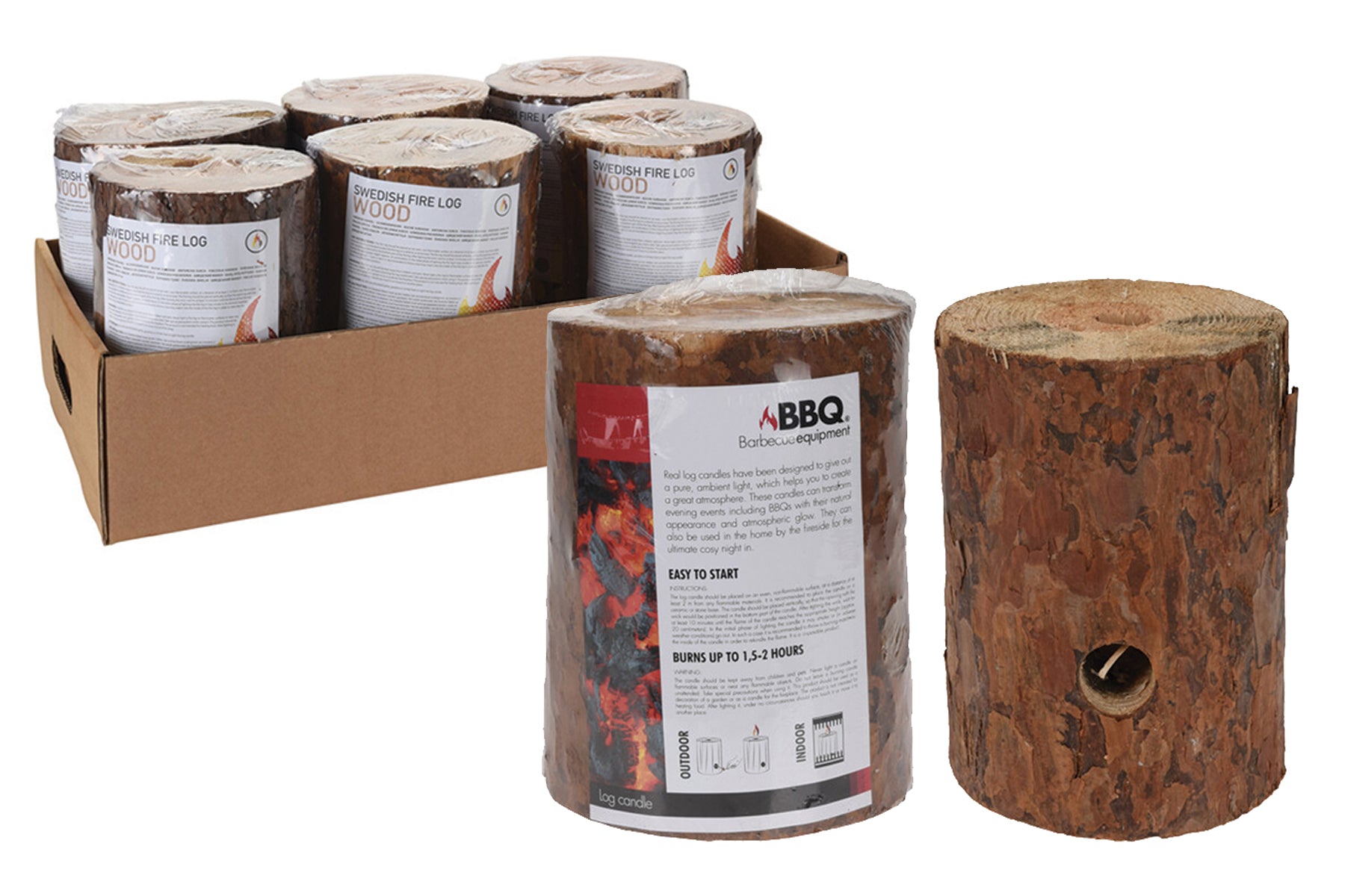 Fire logs with packaging and a wooden log on a white background