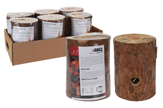 Fire logs with packaging and a wooden log on a white background