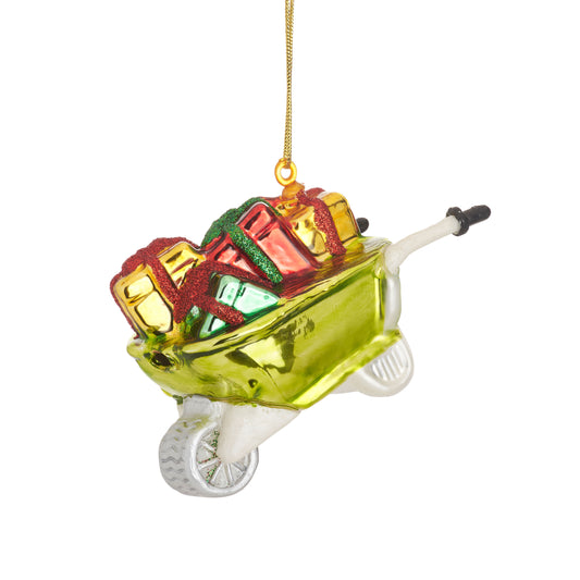 Green wheelbarrow filled with presents hanging decoration