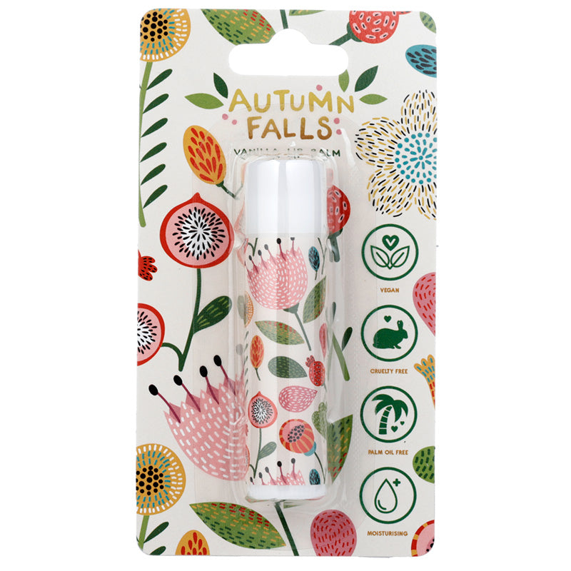Lip balm in packaging with autumn-themed design and 'Autumn Falls' branding.