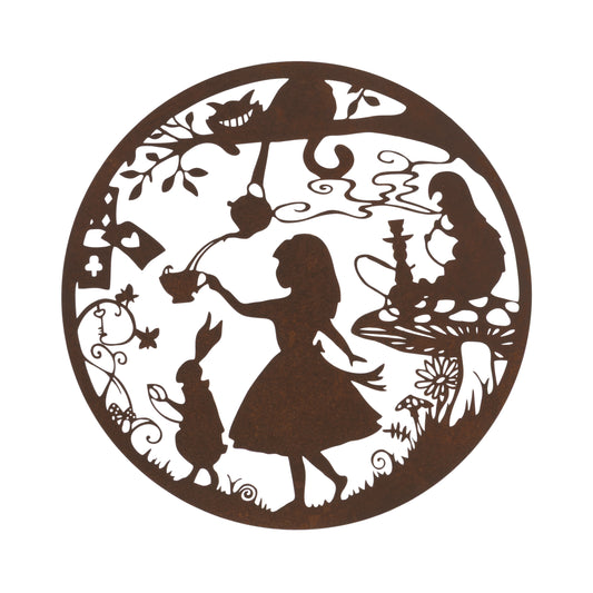 Decorative metal cutout with silhouettes of characters from a fantasy story, featuring a girl, rabbit, and other elements.