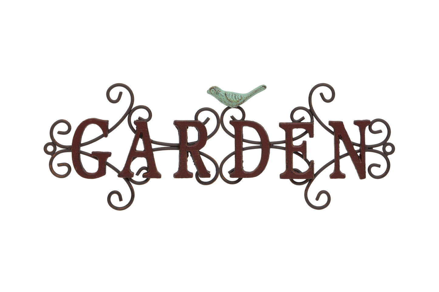 Decorative metal sign with 'GARDEN' text and a bird on a white background