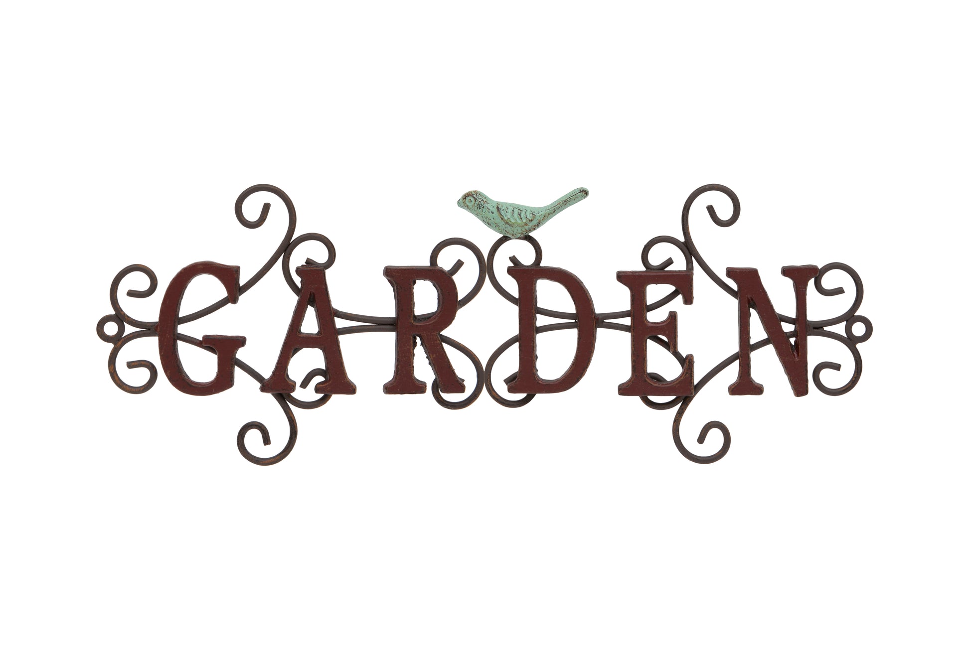 Decorative metal sign with 'GARDEN' text and a bird on a white background