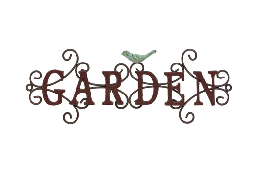 Decorative metal sign with 'GARDEN' text and a bird on a white background