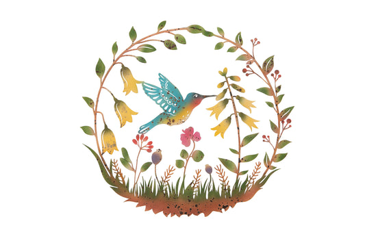 Decorative design with a hummingbird and flowers on a white background