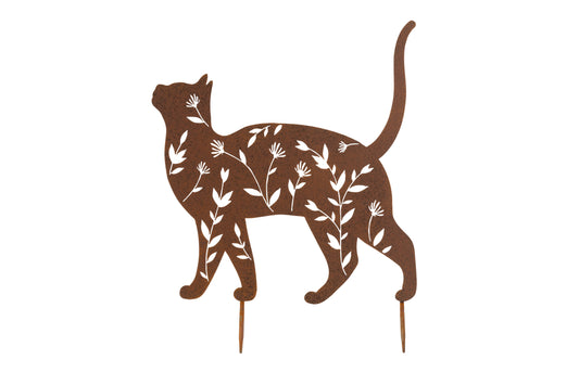 Decorative metal cat silhouette with floral patterns on a white background