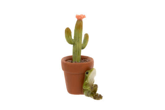 Frog next to a potted cactus on a white background