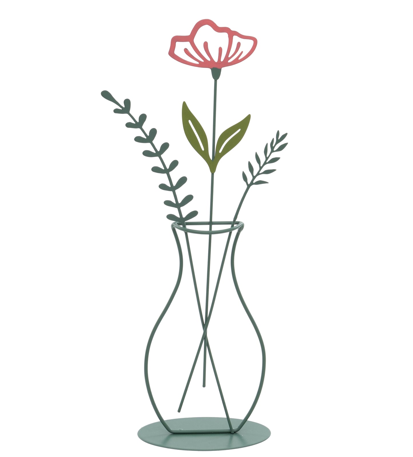 Decorative metal vase with a pink flower and green leaves on a white background