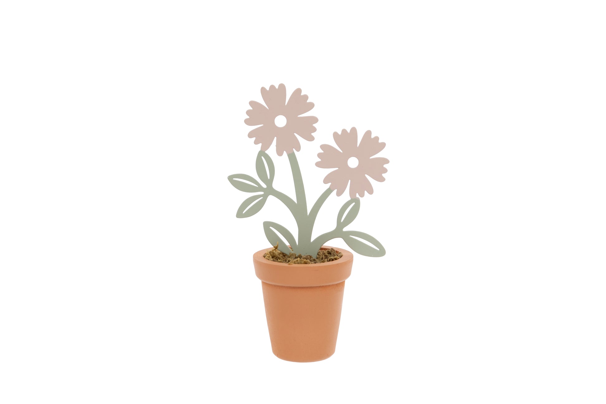 Decorative metal plant with flowers in a terracotta pot on a white background