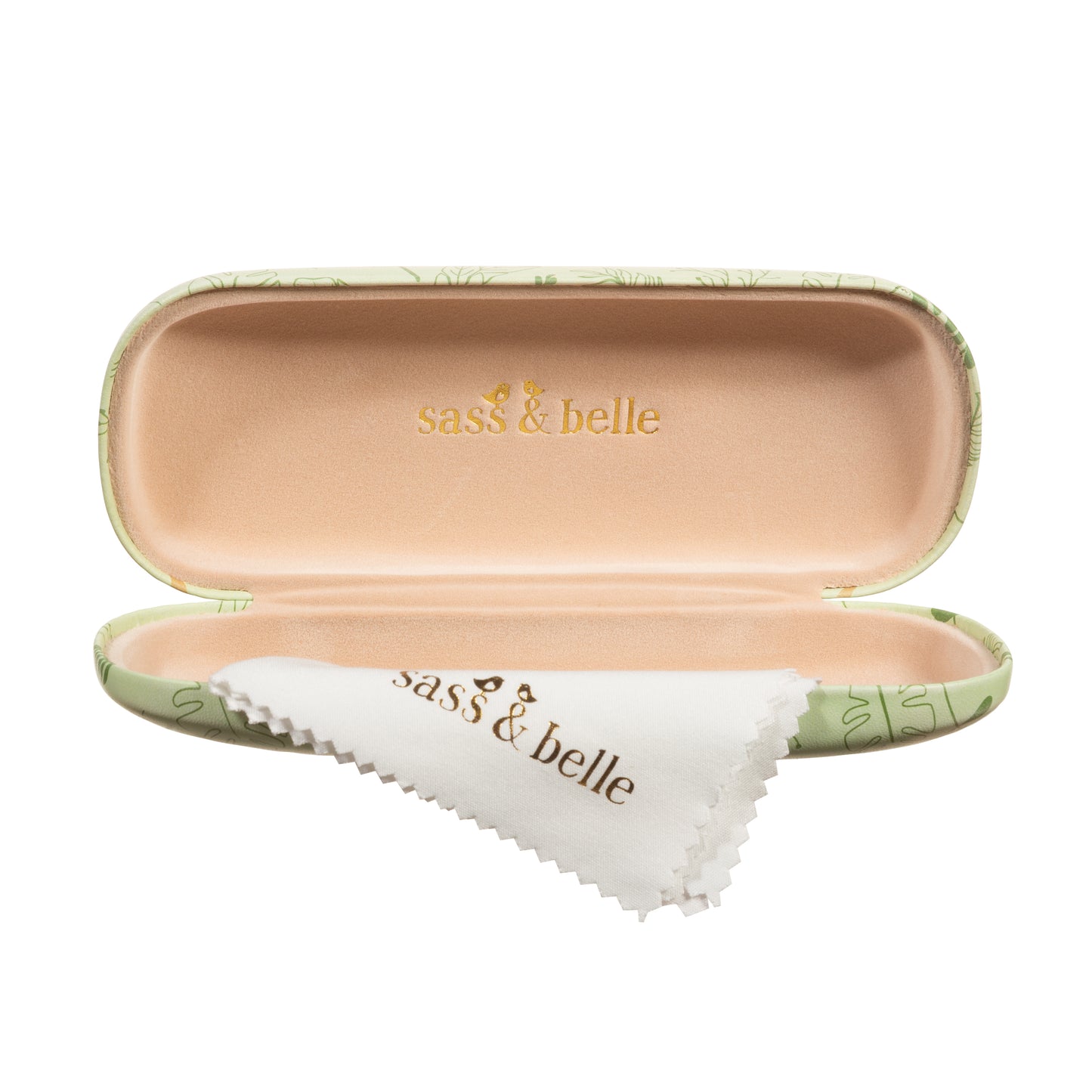 Sass & Belle eyeglass case with cleaning cloth on a white background