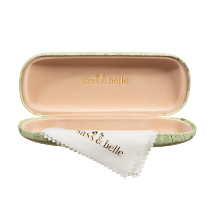 Sass & Belle eyeglass case with cleaning cloth on a white background