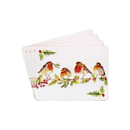 Set of four Christmas-themed placemats with birds and holly design on a white background