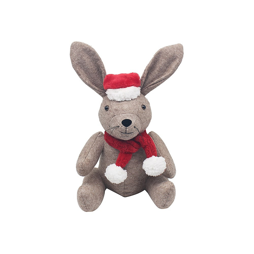 Christmas rabbit doorstop on a white background