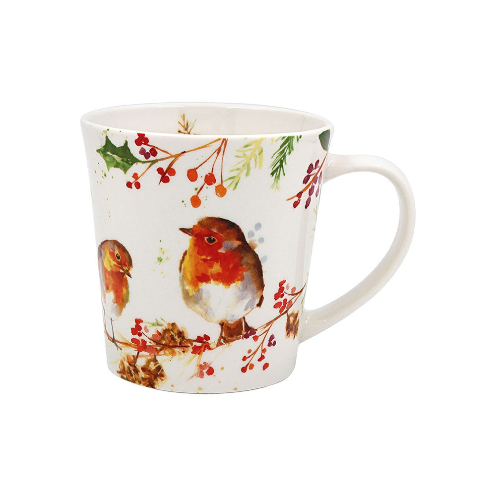 Mug with Christmas-themed design featuring robins and holly on a white background