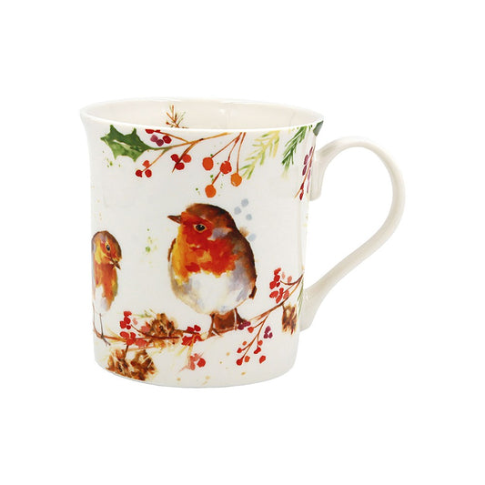 Mug with robin and floral design on a white background