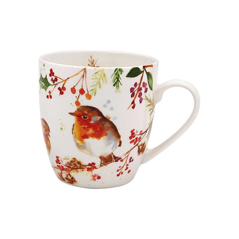 Mug with a robin design on a white background