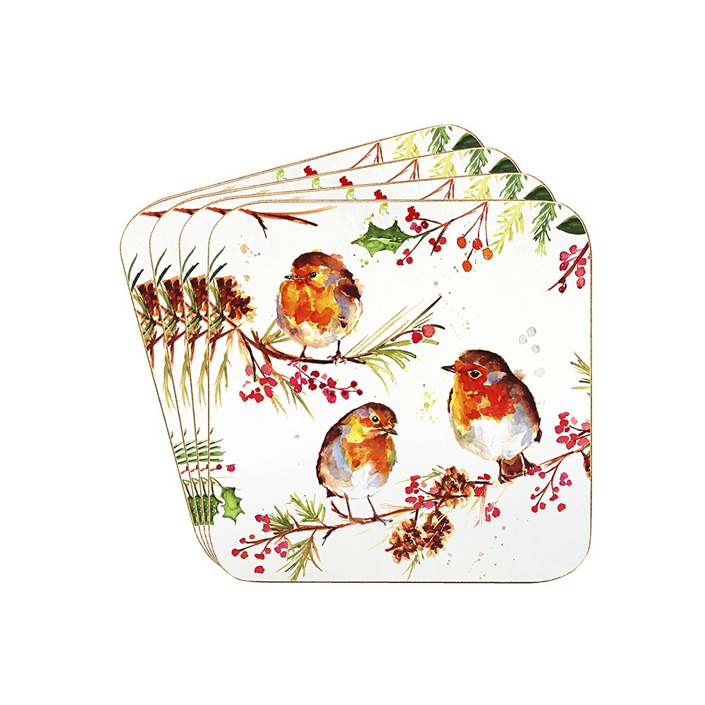 Set of square plates with Christmas-themed design featuring robins and holly.