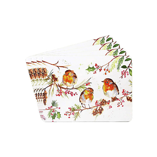 Placemat with Christmas design featuring birds, holly, and berries on a white background