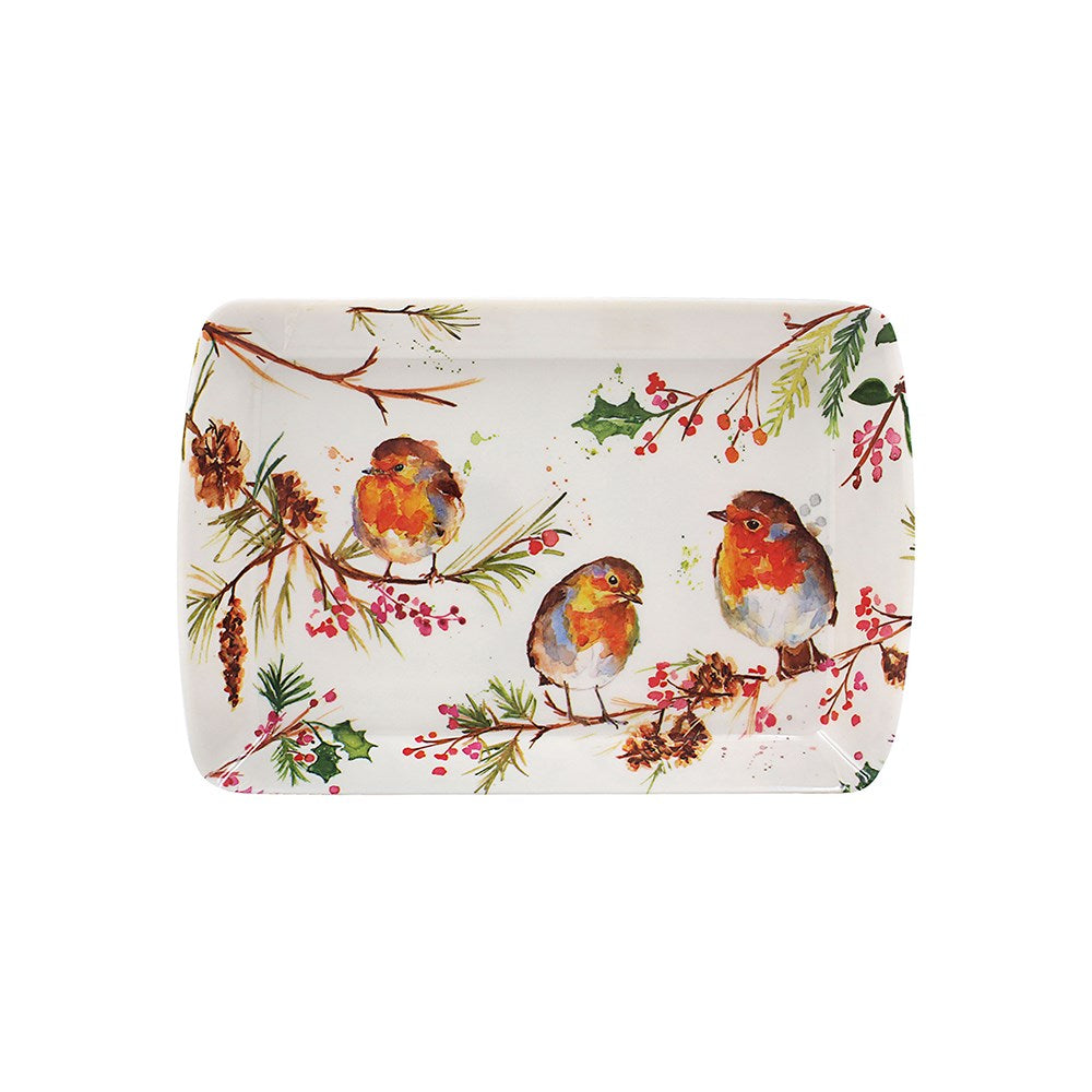 Rectangular plate with robin design on a white background