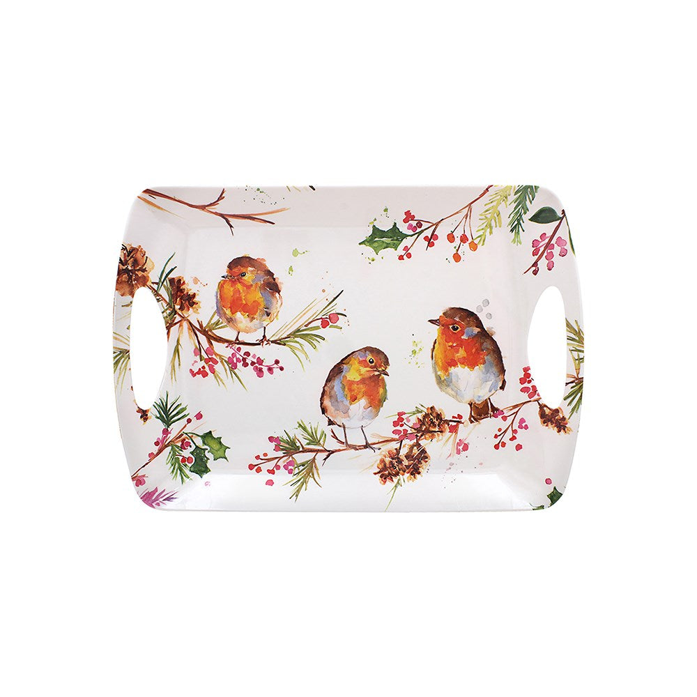 Rectangular tray with robin design on a white background