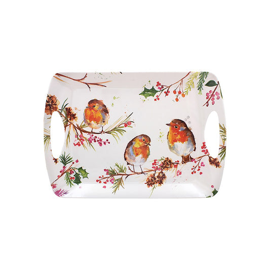 Rectangular tray with robin design on a white background