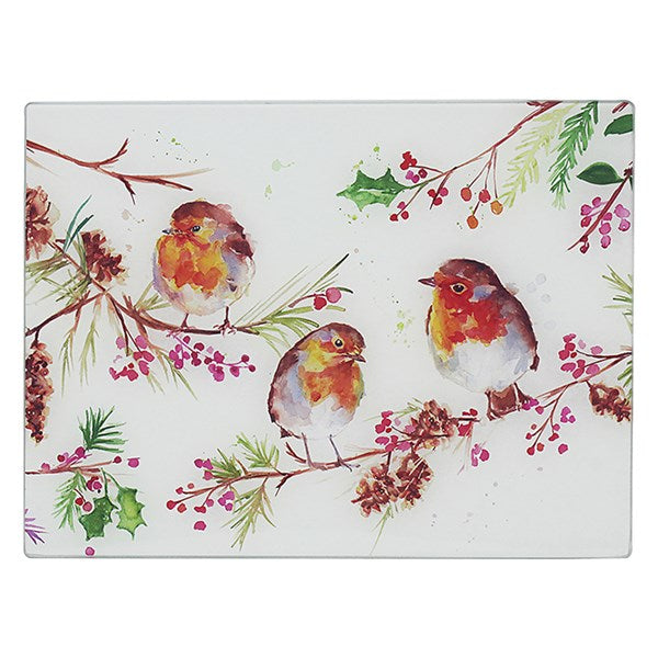 Decorative glass panel with painted robins and holly leaves on a white background