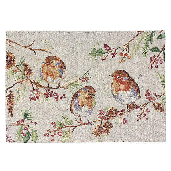 Decorative mat with illustrations of birds and branches on a beige background