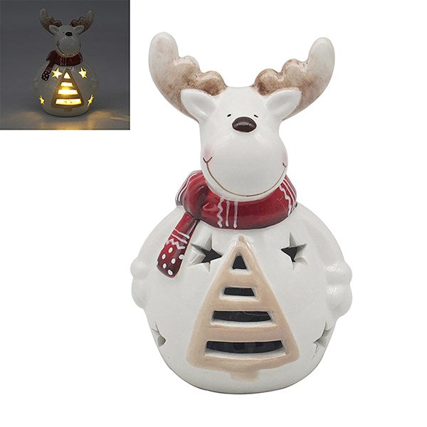 Decorative reindeer lantern with a red scarf on a white background