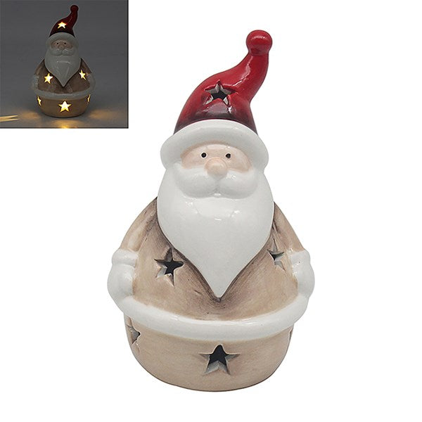 Decorative Santa Claus figure with red hat and white beard, featuring star designs on a white background.