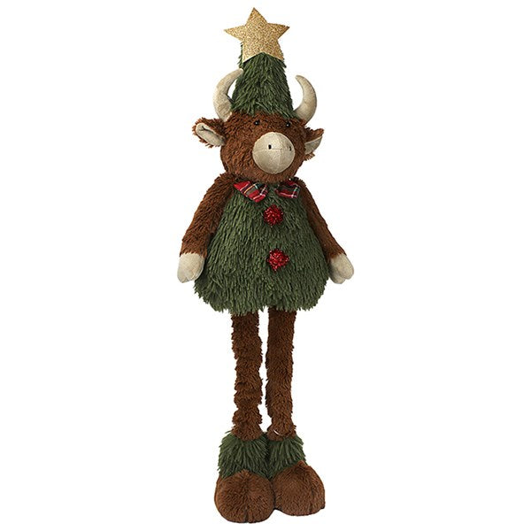 Plush toy reindeer dressed as a Christmas tree on a white background