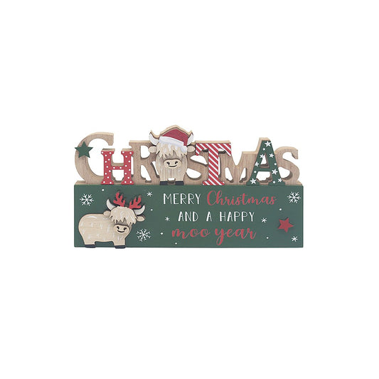 Wooden Christmas decoration with reindeer and text on a white background