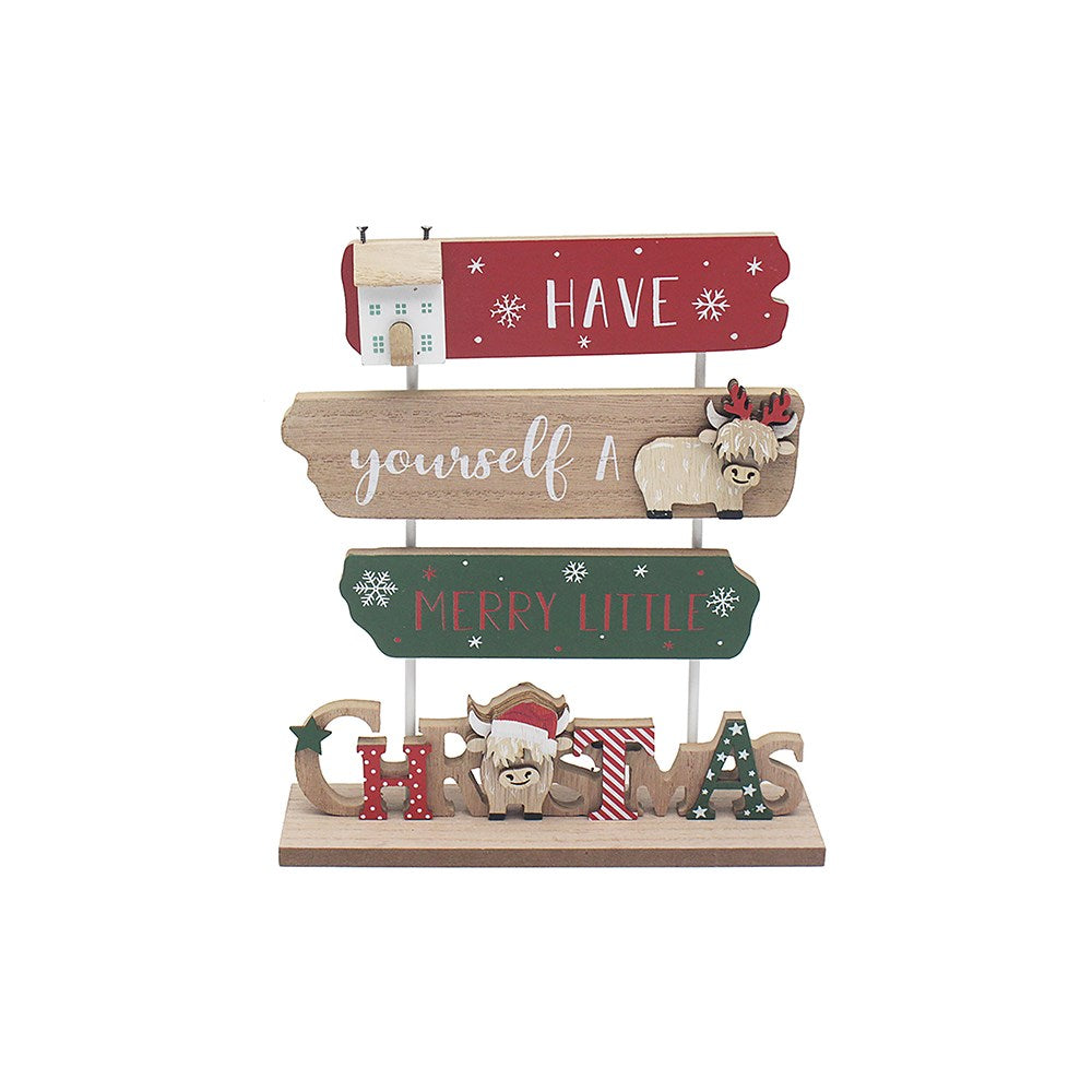 Decorative Christmas sign with festive text and small illustrations on a white background